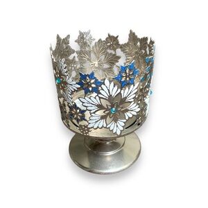 Silver Floral Metal Candle Holder with Blue Accent Gems